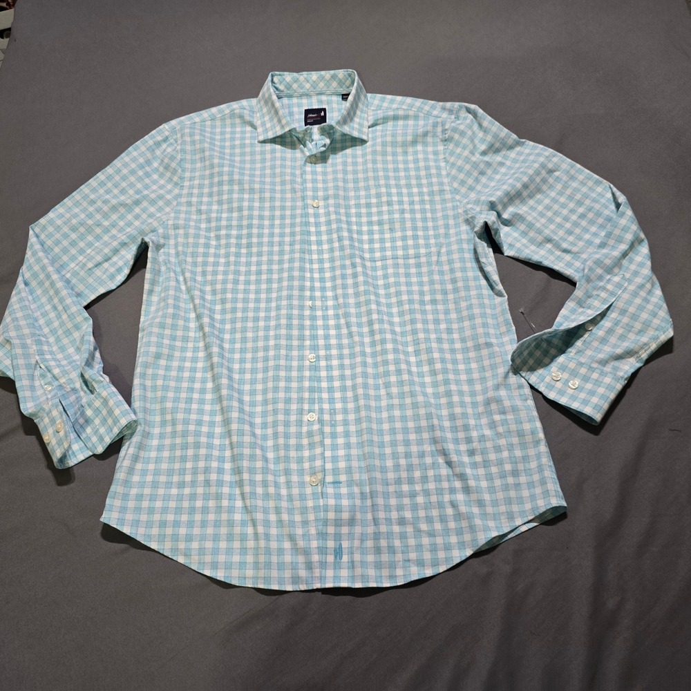 Johnnie-O Performance Shirt Mens Medium Blue Gingham Bamboo Blend Long Sleeve